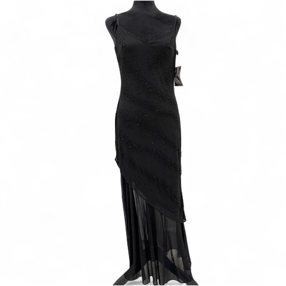 Rampage Y2K Deadstock Black Beaded Asymmetrical Backless Sheer Maxi Long Dress L
